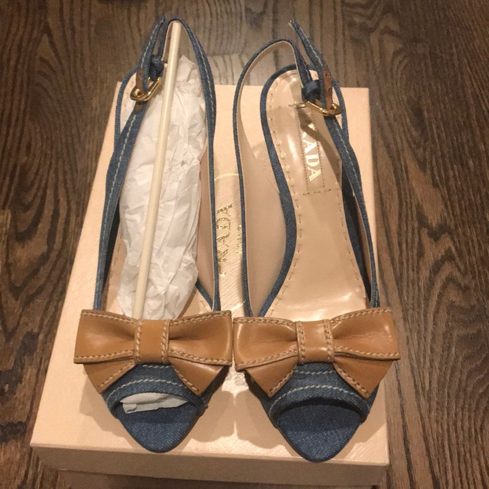 Prada Denim Bow Cork-Wedge Sandal